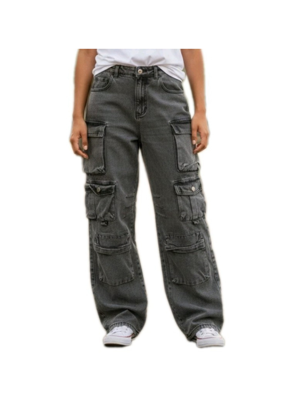 Women Unbranded Relaxed Loose Fitting Gray Cargo Wide-Leg Zip-Fly Jeans Size XL